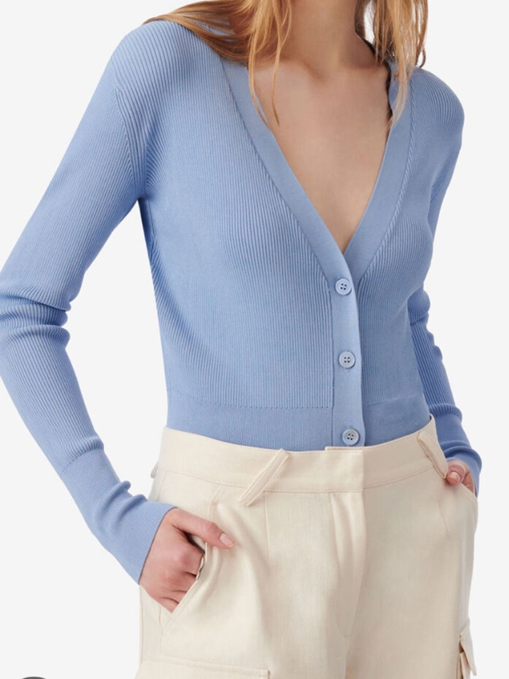 IRO Paris Light Blue Rib-Knit V-Neck Button Cardigan Sweater Small
